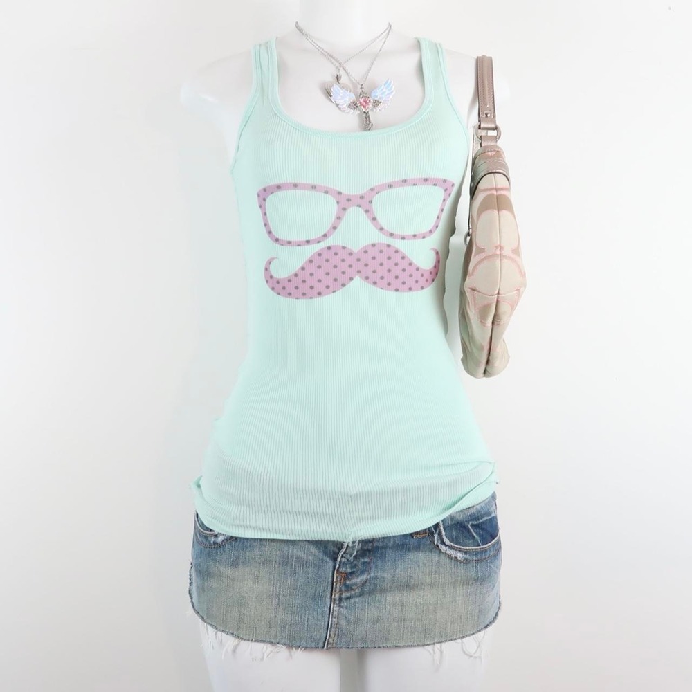 y2k pastel blue moustache tank | 2000s graphic cami | pink moustache top